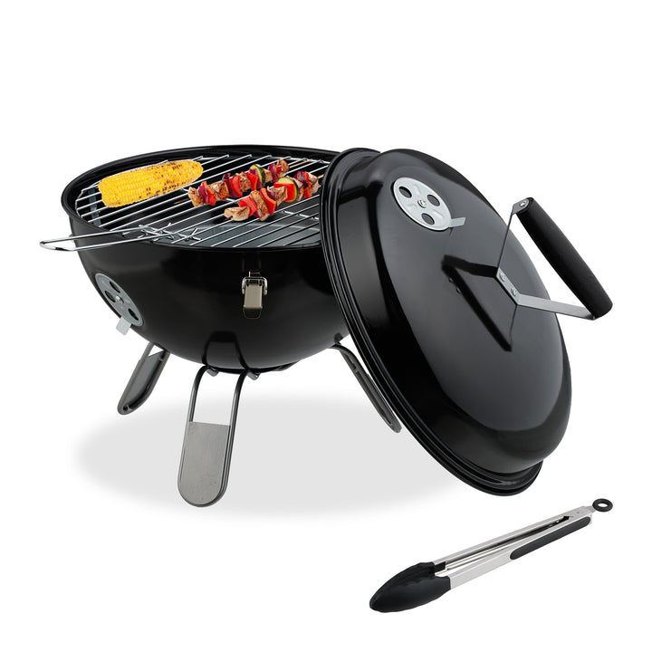 Relaxdays Kugelgrill, tragbar, Ø 37 cm, Picknickgrill für Garten & Park, Holzkohlegrill mit Deckel,