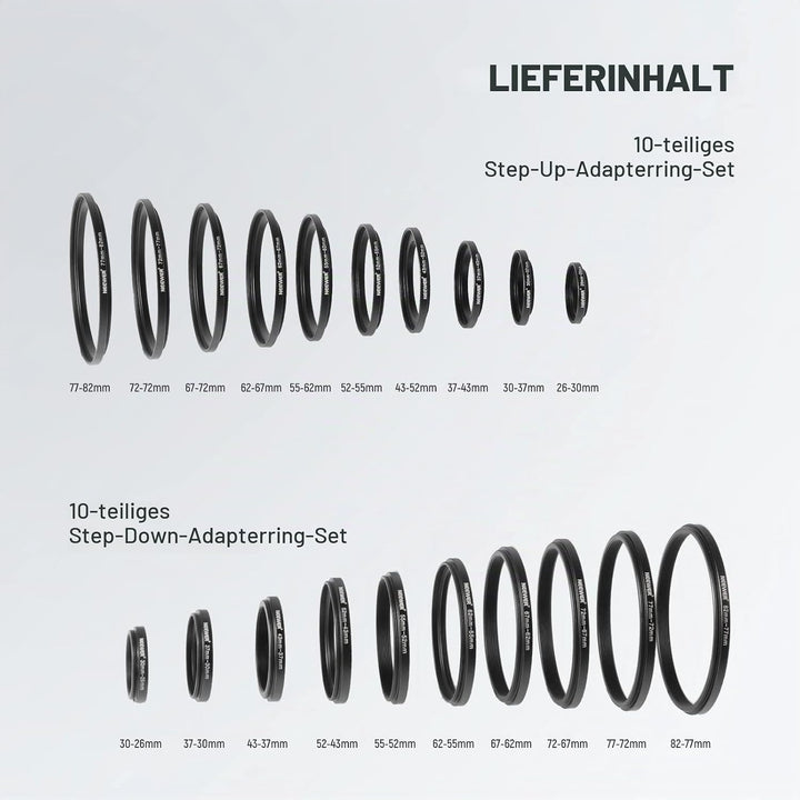NEEWER 20 Stück Schwarz eloxiertes Metallobjektiv Filter Adapter Ring Kit einschliesslich 10 Stück S