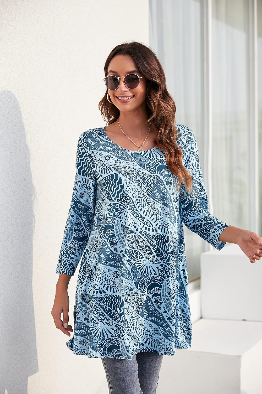 Enmain Damen Tunika Shirt Langarm/Kurzarm Bluse mit Blumen Longshirt Casual Elegante 3/4 Ärmel Rundh