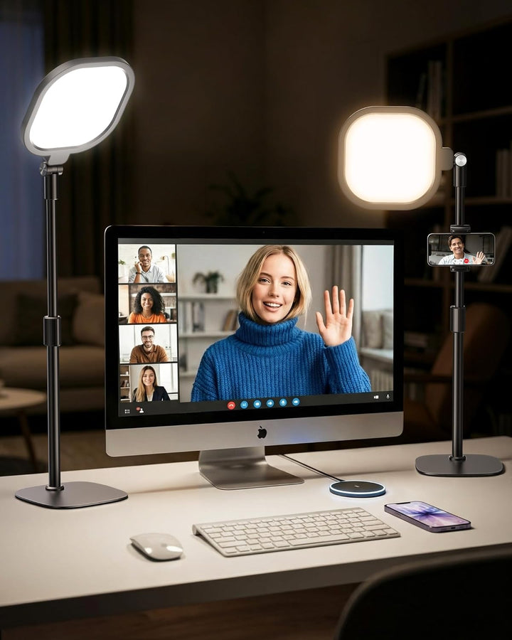 Ringlicht mit Stativ, Ring Licht für Laptop mit Handy Stativ 3 Lichtfarben 10 Helligkeiten Tisch Sel