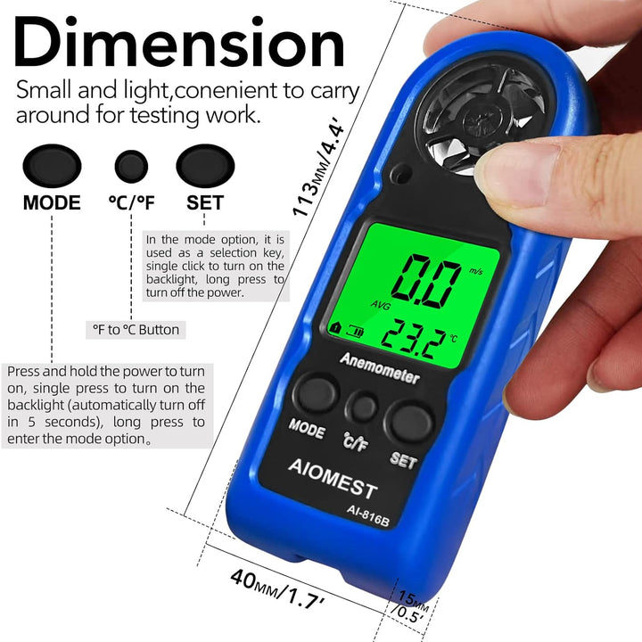 AIOMEST Mini Wind Speed Meter Handheld, HAVC Digitaler Anemometer, Windmesser Windmessgerät mit MAX/