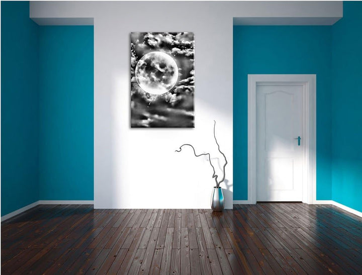 Pixxprint Monocrome, Vollmond Unter Sternen und Wolken, Format: 100x70 auf Leinwand, XXL riesige Bil