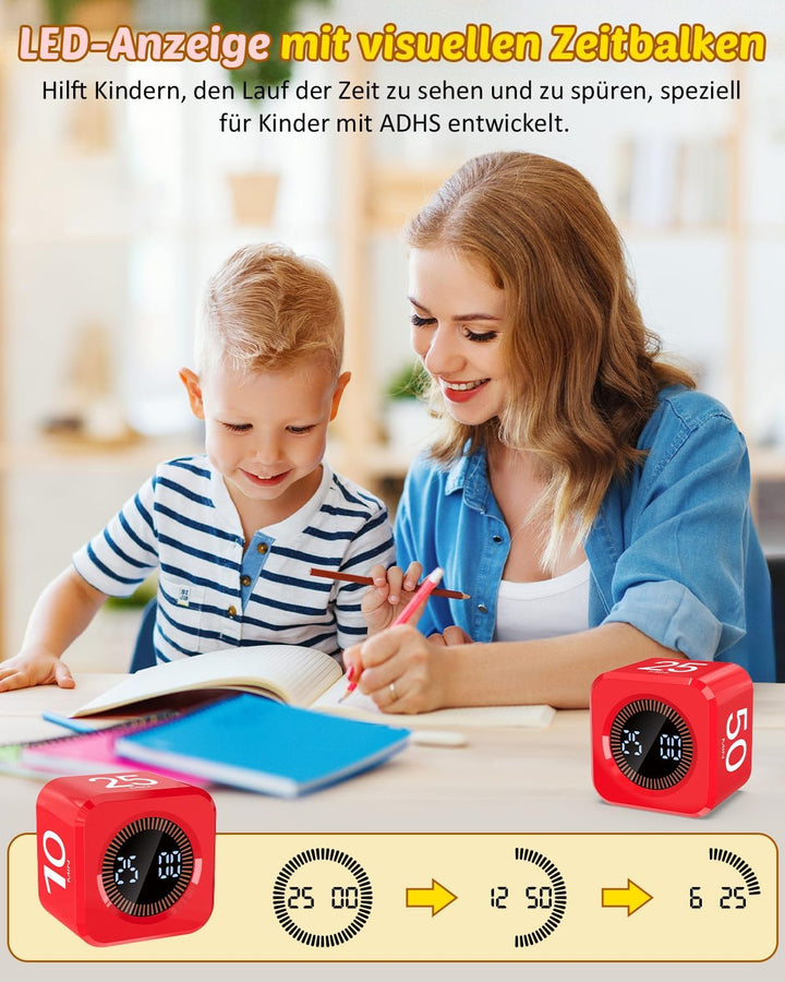 Pomodoro Timer Cube, Visueller Würfel-Timer für Kinder, Digitale LED Drehbarer Timer mit 5/10/25/50
