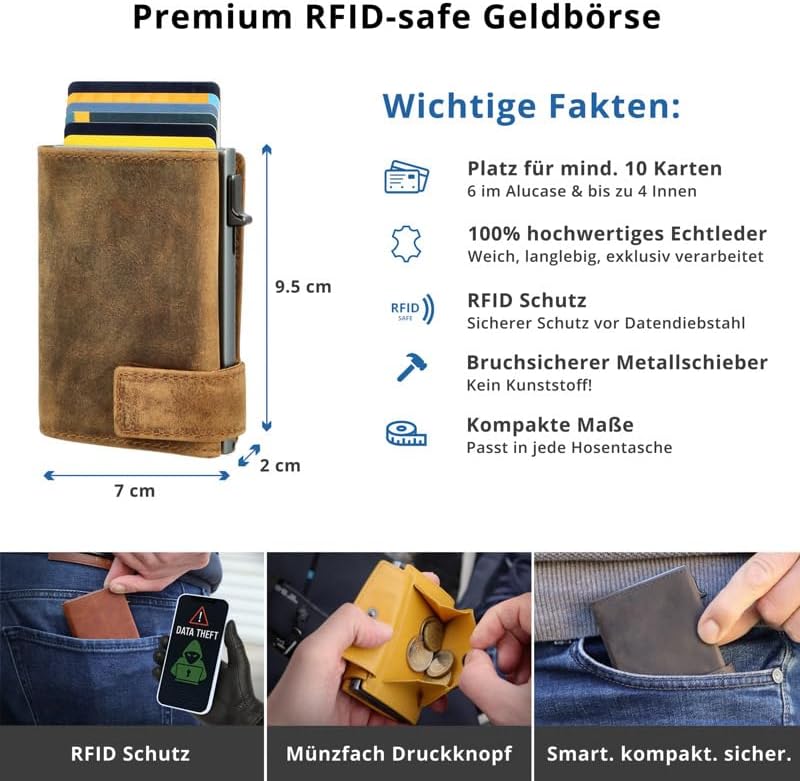 SecWal Kartenetui mit Münzfach Druckknopf inkl. Geschenkbox - Made in Germany - Echtleder Mini Geldb