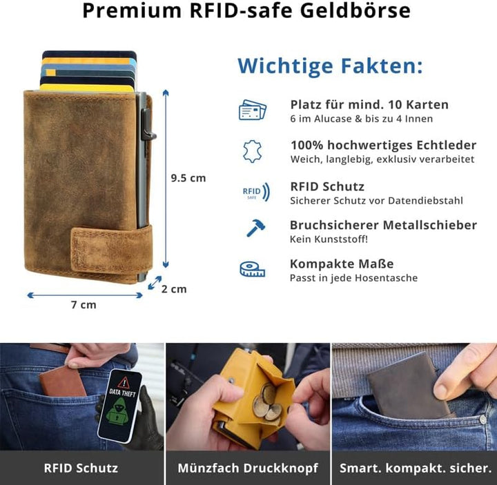 SecWal Kartenetui mit Münzfach Druckknopf inkl. Geschenkbox - Made in Germany - Echtleder Mini Geldb