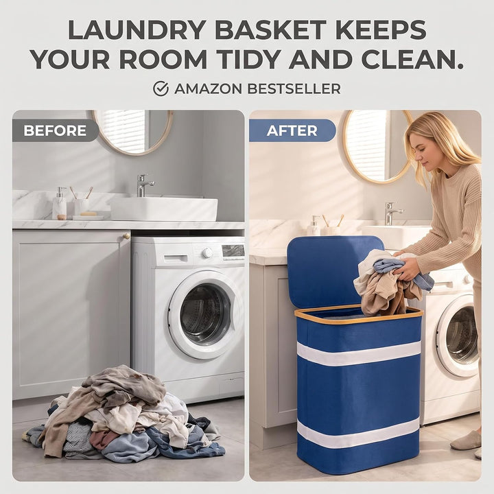Soontrans Faltbarer Wäschekorb 102L mit Deckel &amp; Wäschesack (Blau) Blau KEINE Fächer, Blau KEINE Fäc
