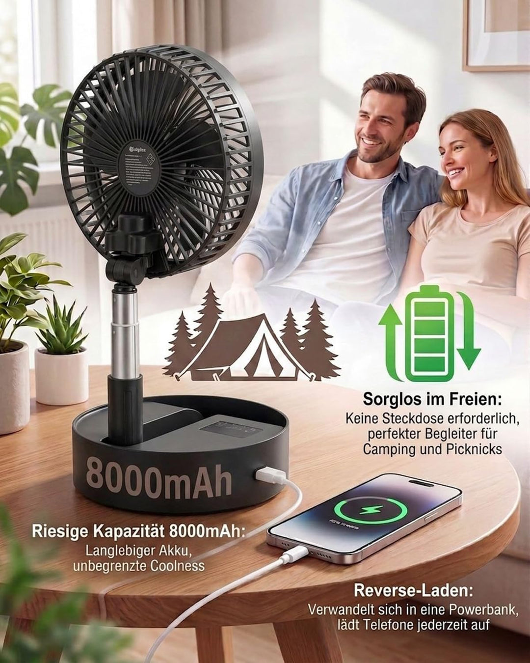 Leise 8" Tragbarer Standventilator mit Fernbedienung, 8000mAh Akku Aufladbar USB C Tischventilator,