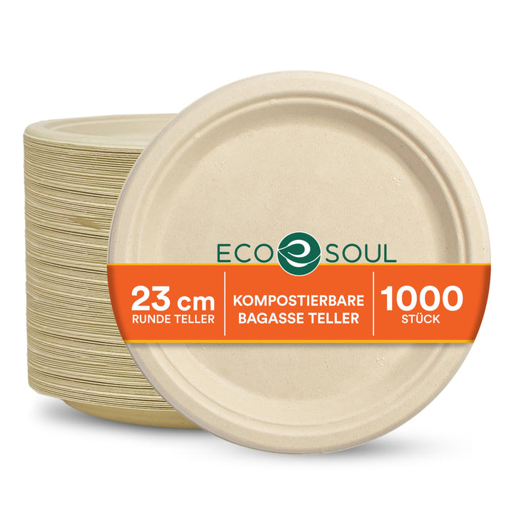 ECO SOUL 23 Cm (9 Zoll) Runde Einwegteller [1000 Stück] | 100?% Kompostierbare Bagasse Teller aus Zu
