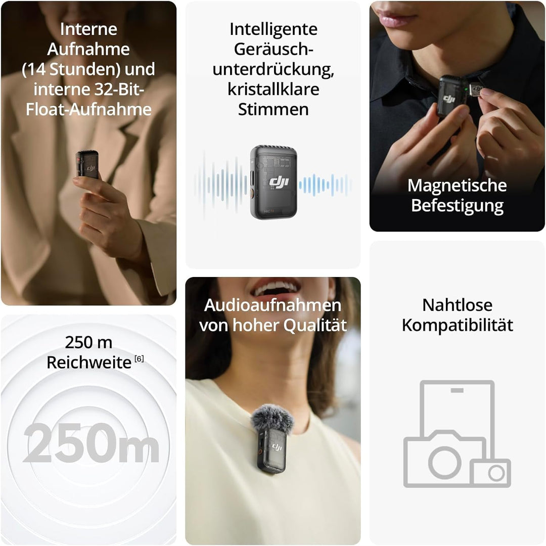 DJI Mic 2 (2 Sender + 1 Empfänger + Ladeschale), kabelloses Mikrofon für Kamera/Handy, Vlog, Streami