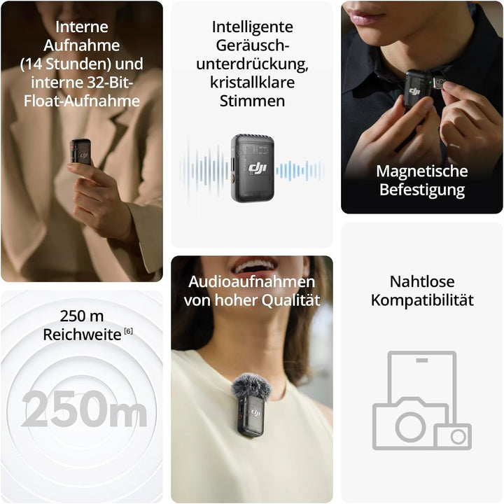 DJI Mic 2 (2 Sender + 1 Empfänger + Ladeschale), kabelloses Mikrofon für Kamera/Handy, Vlog, Streami