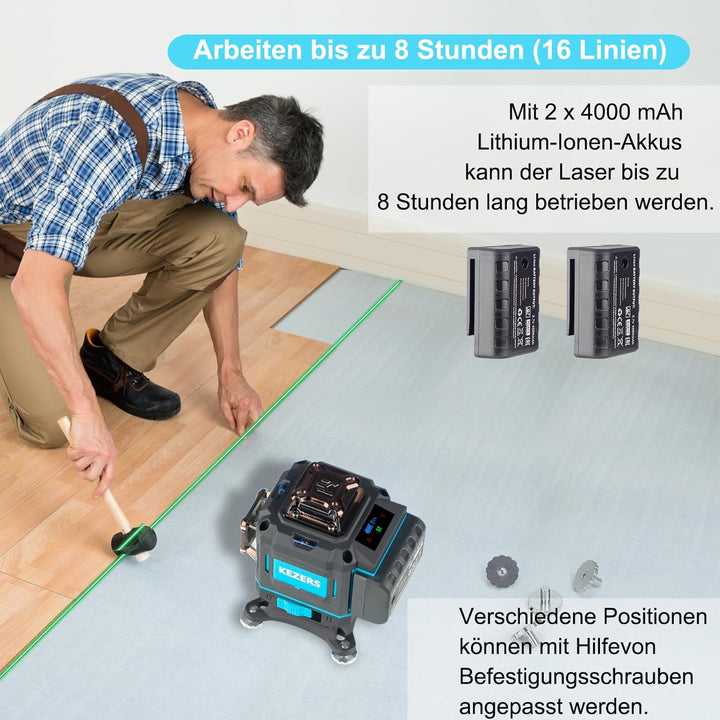KEZERS Kreuzlinienlaser Grün 4x360°, Selbstnivellierend Laser Wasserwaage 16 Linien, Kreuzlaser mit