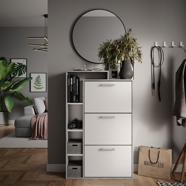Vicco Schuhkommode Orlando, Schuhregal, Beton, 80 x 128.3 cm mit 3 Fächern Weiss/Beton, Weiss/Beton