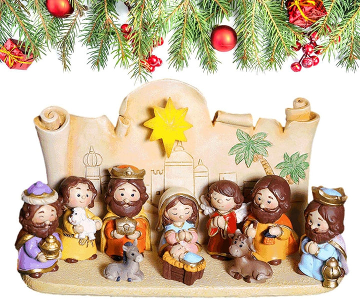 Weihnachtskrippe Set mit figuren, 10 Stück Jesus Krippe Figuren Statue, Krippenfiguren Harz, Weihnac