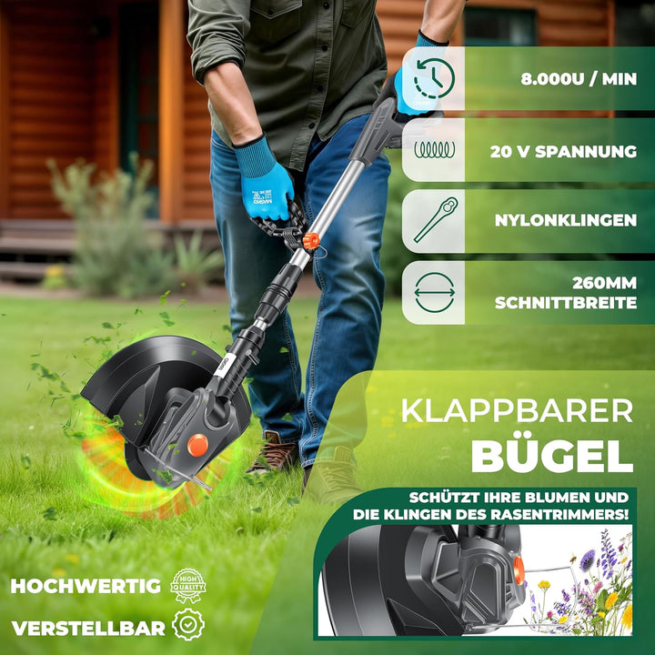 MASKO® Akku-Rasentrimmer mit 20 V Li-Akku, 2,0 Ah Akku und Ladegerät, Motorsense 26 cm Schnittkreis,
