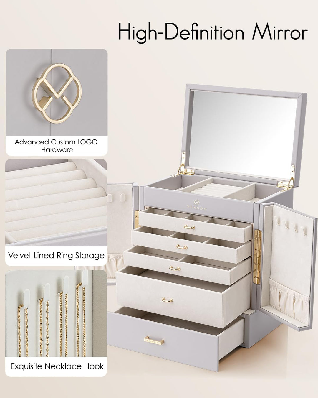 Vlando Schmuckaufbewahrung Gross, Schmuckschatulle Schmuck Organizers Gross XXL, Schmuckkästchen mit