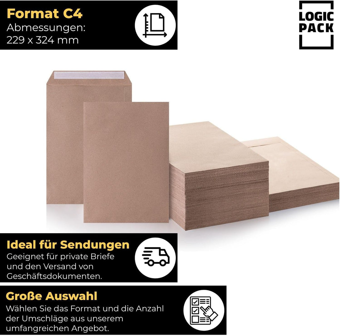 1500 Versandtaschen C4 Braun (229x324mm) 90g/m² Briefumschläge für A4 ungefaltet, Haftklebung ohne F
