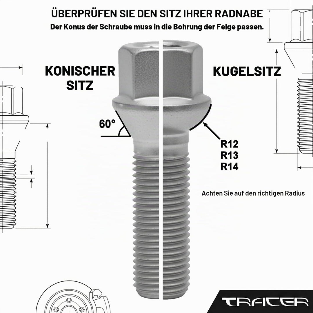 TRACER 20 Radschrauben Radbolzen M14x1,5 28mm Kegelbund schwarz verzinkt kompatibel mit Audi, VW, Se