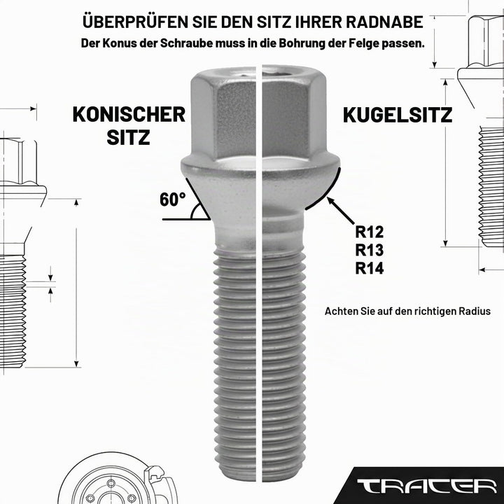 TRACER 20 Radschrauben Radbolzen M14x1,5 28mm Kegelbund schwarz verzinkt kompatibel mit Audi, VW, Se