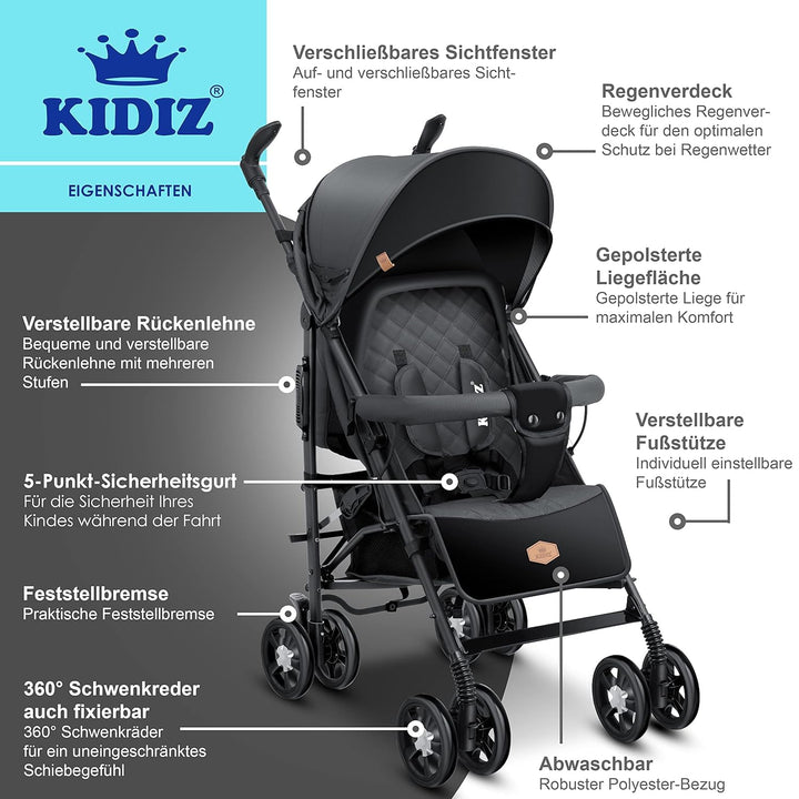 KIDIZ® Kinderwagen City-Pro Buggy Kinderbuggy klappbar Liegebuggy Sportwagen Faltbar 360° 6-Zoll-Räd