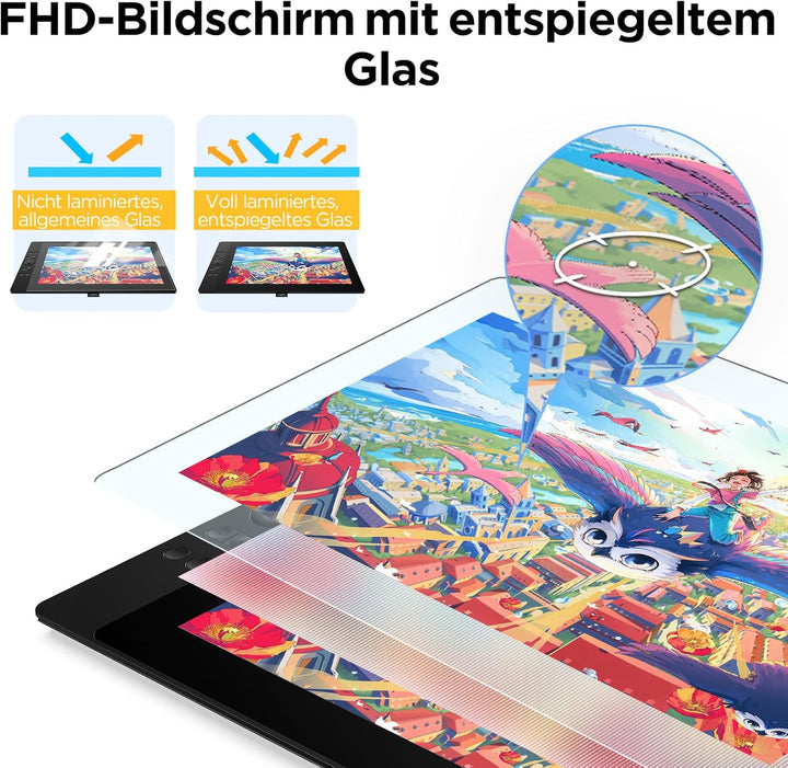 ugee Grafiktablett mit Display, UE16 FHD IPS 15.4 Zoll Grafiktabletts mit 143% sRGB Bildschirm, 16K