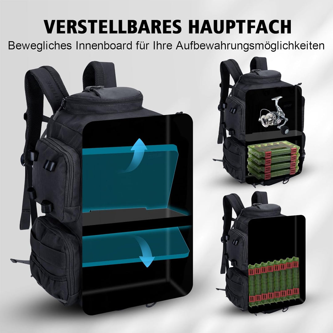 Goture Angelrucksack mit 4 Köderbox Angeln, 45-Liter Angelzubehör-Rucksack mit Zwei Rutenhaltern und