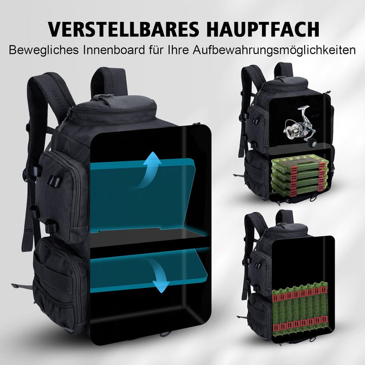 Goture Angelrucksack mit 4 Köderbox Angeln, 45-Liter Angelzubehör-Rucksack mit Zwei Rutenhaltern und