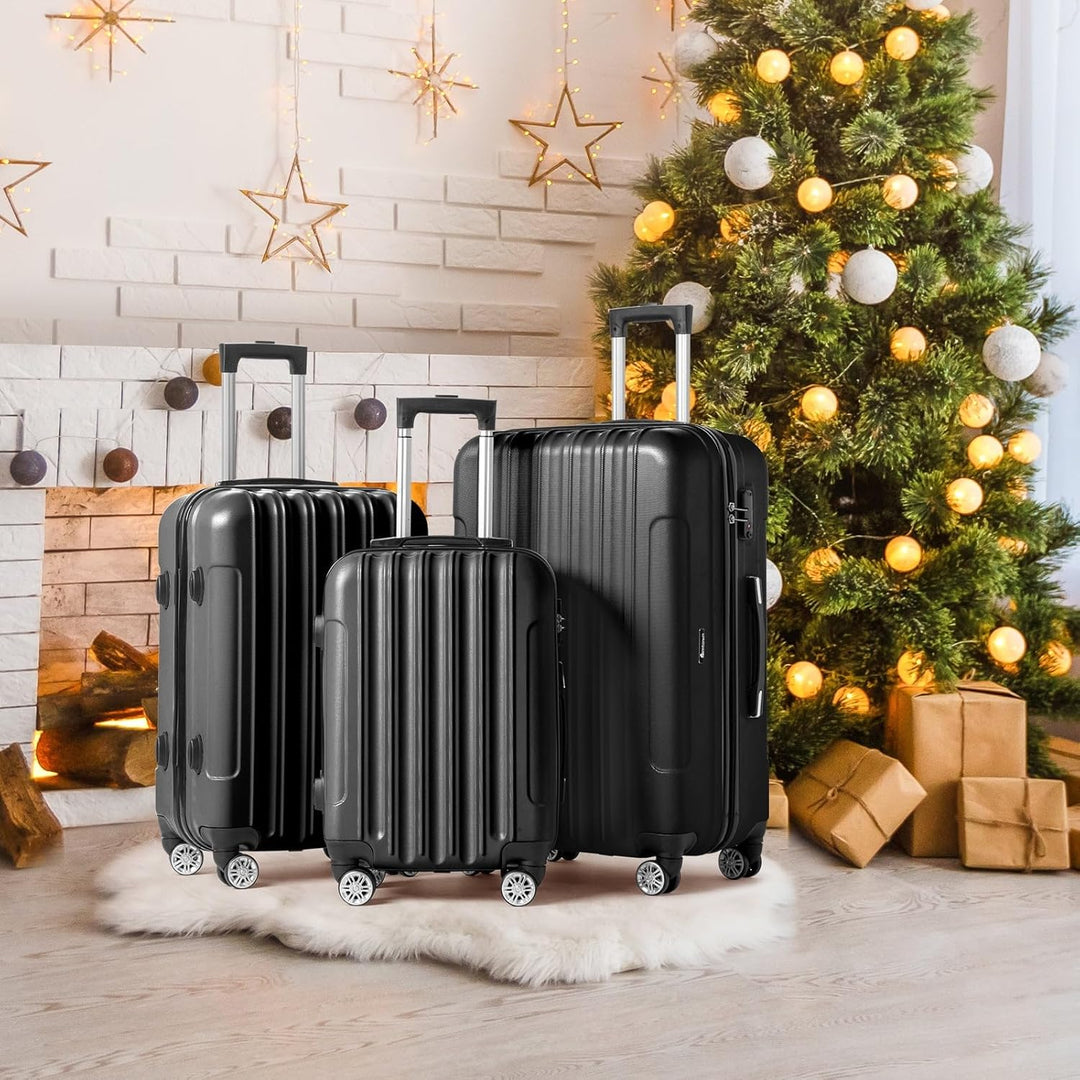 LEADZM 3er Kofferset Rollkoffer Hartschalen Reisekoffer Trolley Set Handgepäck 4 Rollen (Schwarz)