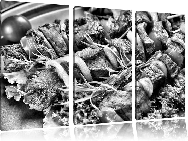 Pixxprint Schaschlik Fleischspiess als Leinwandbild/Grösse: 3 Teilig (120x80) cm/Wandbild/Kunstdruck