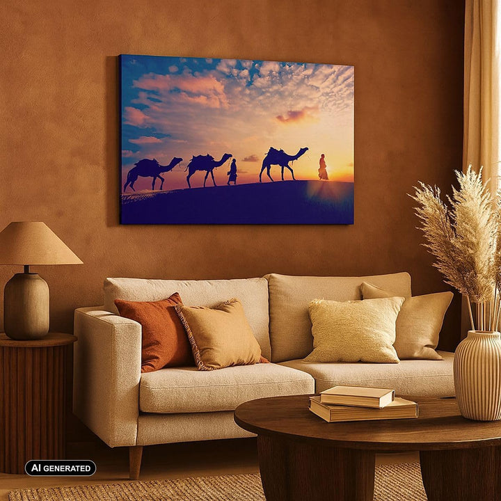 Bilder auf Leinwand 100x70cm Leinwandbild mit Rahmen Kamel Wohnwagen Gross Wanddeko Bild Schlafzimme