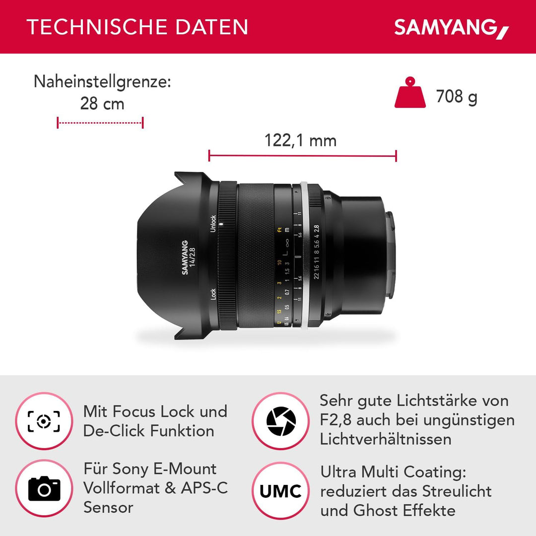 Samyang MF 14mm F2,8 MK2 Sony E – Weitwinkel Objektiv manueller Fokus für Vollformat und APS-C Festb