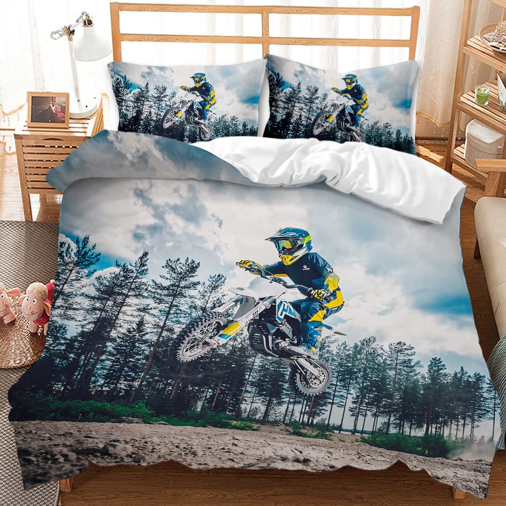 AOXHFNV 3D Motorrad-Bettbezug Motocross-Bettwäsche-Set Motorrad-Rennbettbezug mit Kissenbezug für Te