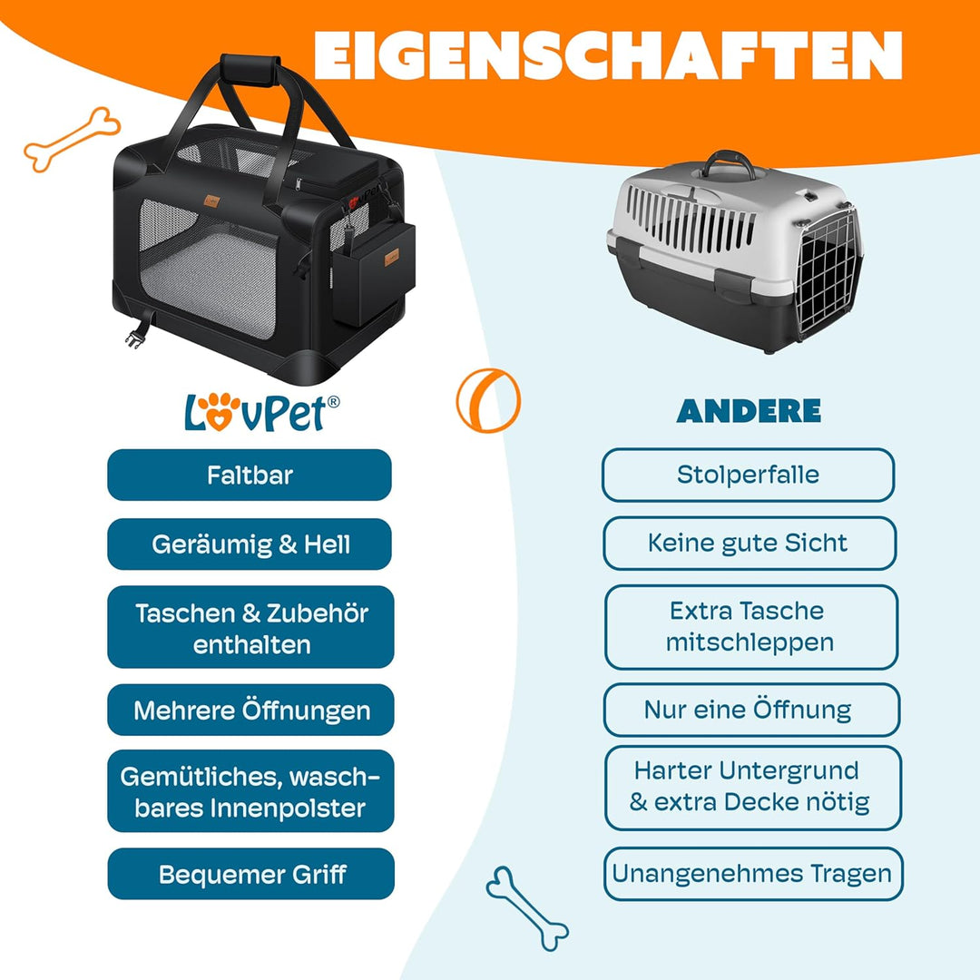Lovpet® Transportbox Hund Katze Transporttasche S 49,5x34,5x35cm | Hunde-Tragetasche Faltbare Katzen