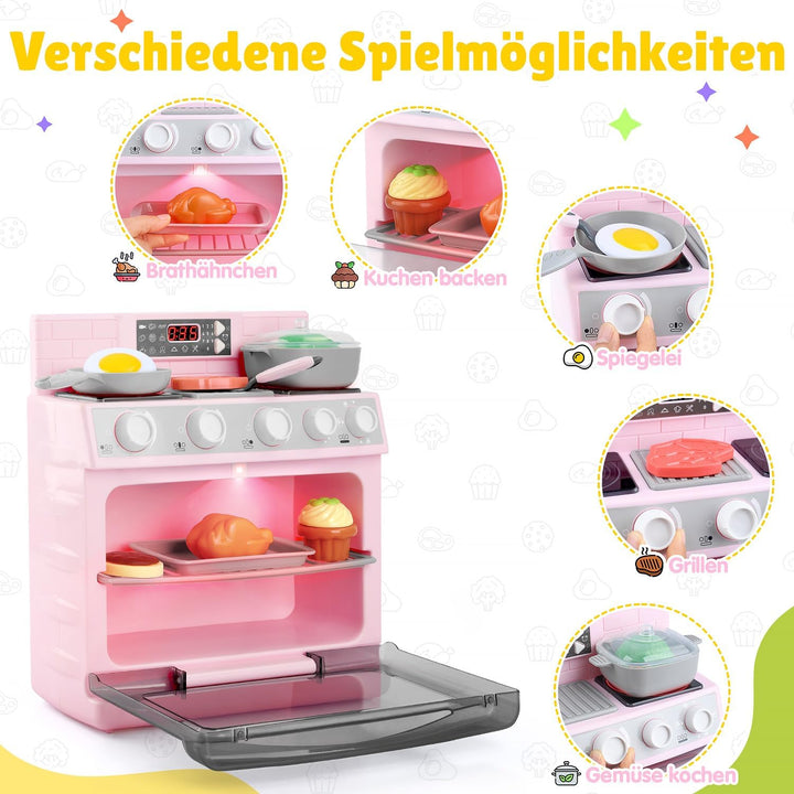 PLAY Kinderküche Zubehör Backofen Spielzeug Set, Küchengeräte Kinder Set mit Ofen, Lebensmittel Spie