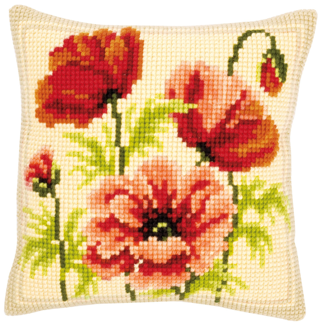 Vervaco Wilde Mohnblumen Kreuzstichkissen/Stickkissen vorgedruckt, Baumwolle, Mehrfarbig, 40 x 40 x