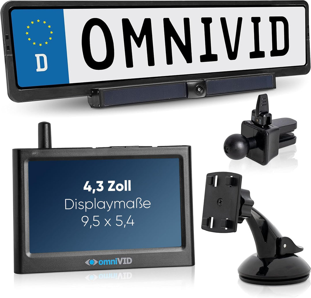 omniVID® Solar4 Premium Solar Rückfahrkamera-System, Kabellos mit 4,3 Zoll Monitor und solarbetriebe