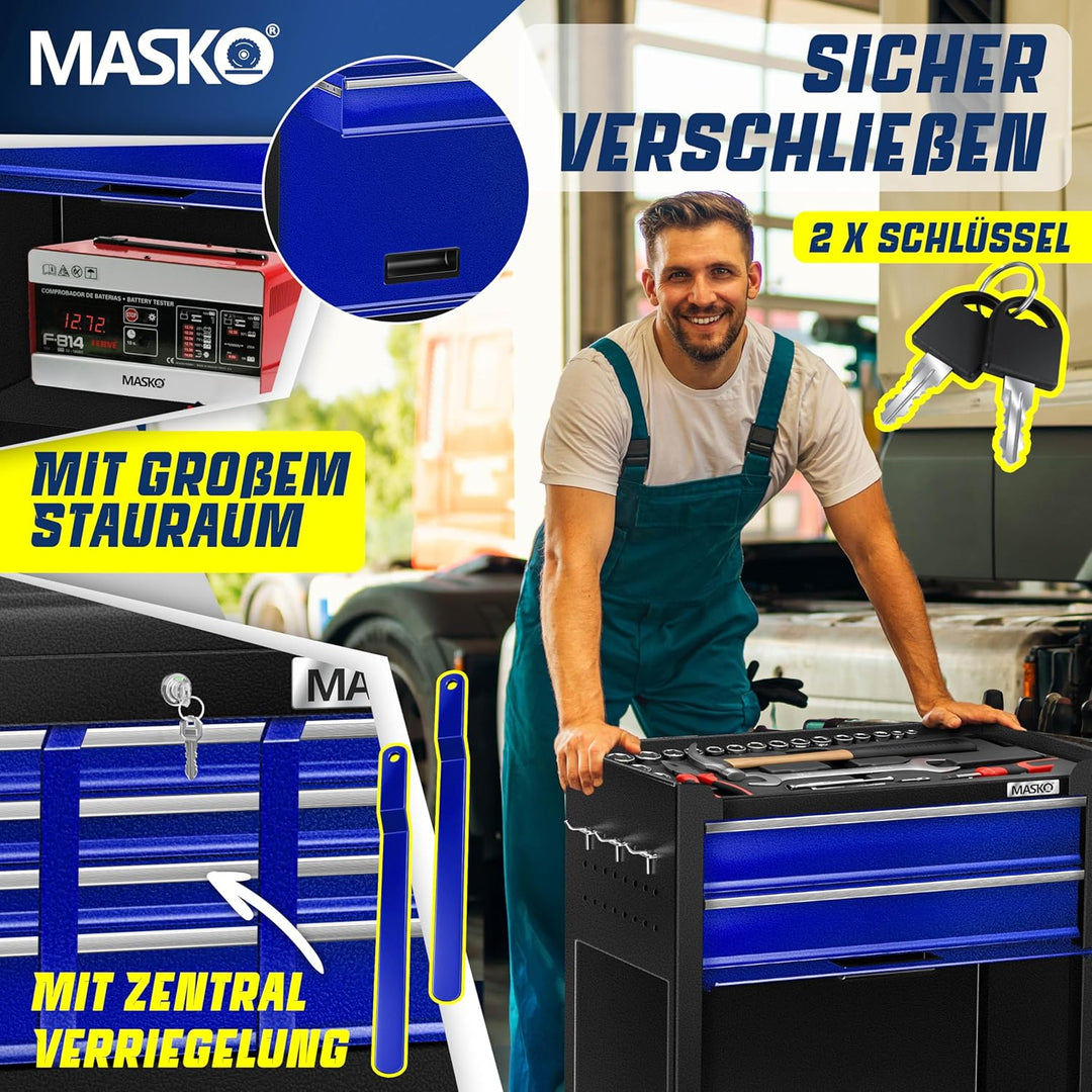 MASKO® Werkstattwagen inkl. Koffer - 9 Fächer Abschliessbar | Massives Metall | Mobiler Werkzeug-Wag