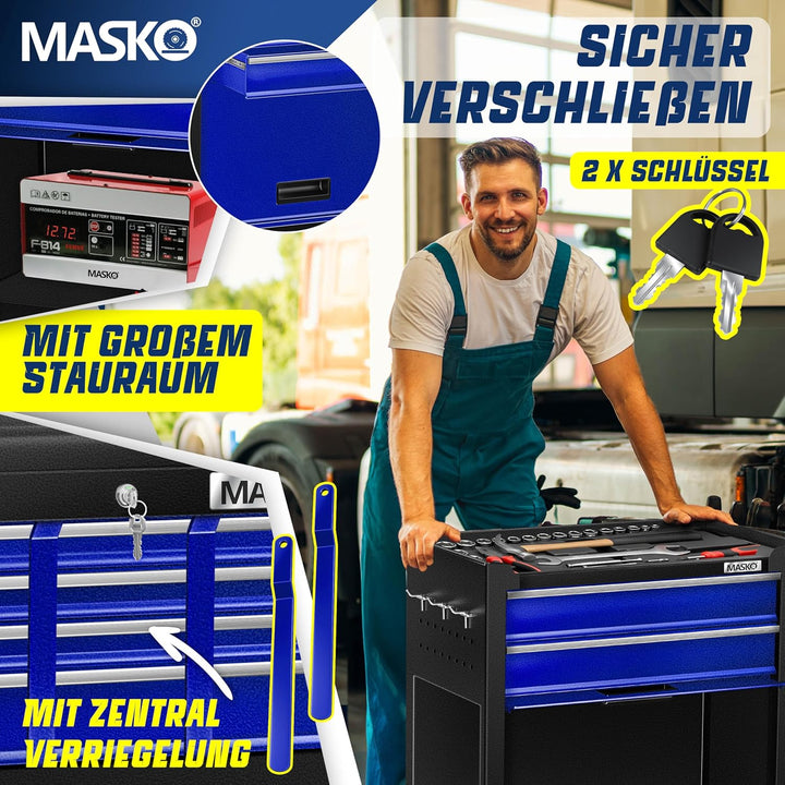 MASKO® Werkstattwagen inkl. Koffer - 9 Fächer Abschliessbar | Massives Metall | Mobiler Werkzeug-Wag