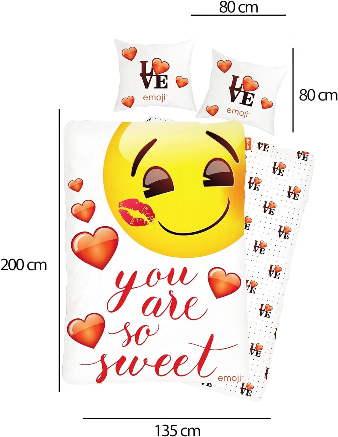 BERONAGE Original Emoji Wende Bettwäsche Sweet Hearts 135 cm x 200 cm + 80 cm x 80 cm Neu & Ovp - 10