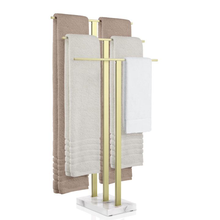 KES Handtuchhalter Stehend in Gold, Badetuchhalter 3 Stangen, Handtuchständer Freistehend, Marmor &