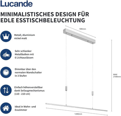 Lucande LED Pendelleuchte höhenverstellbar, dimmbar per Wandschalter, Esstisch Hängelampe 120 cm, 6x