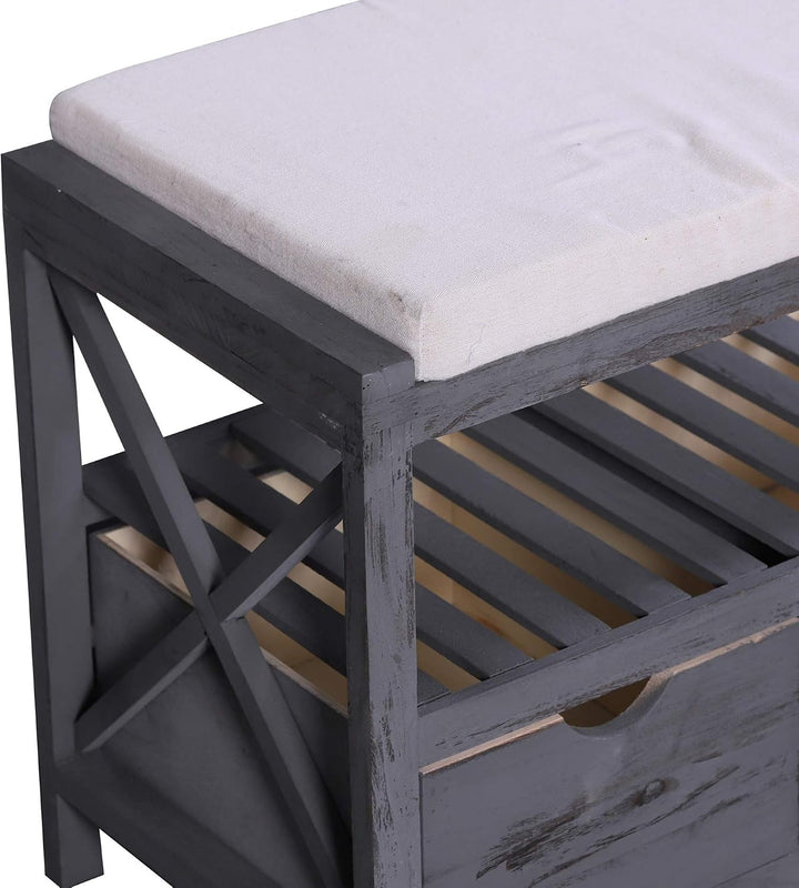 Rebecca Mobili Flurbank mit 2 Schubladen 1 Ablage, Sitzbank mit Stauraum, in Grau, Vintage Shabby Ch