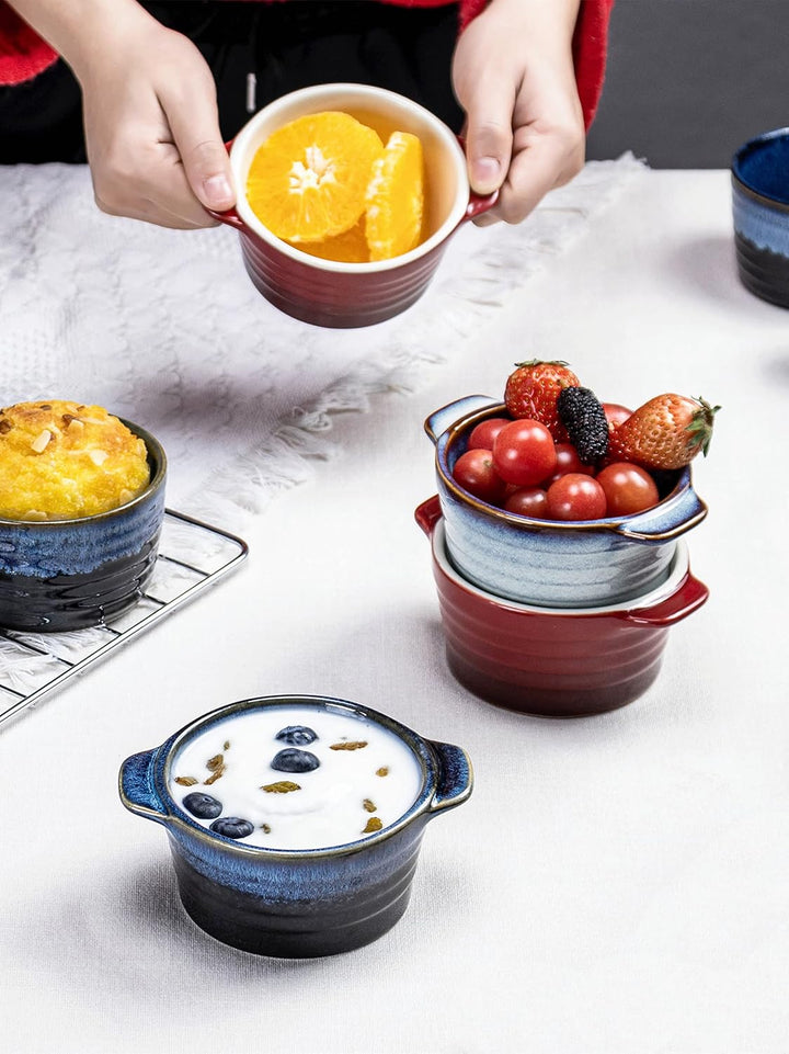 Mini Cocotte Porzellan, Keramik Auflaufform mit Deckel Ofenfest 4 Stück - 230 ml, Creme Brulee Schäl
