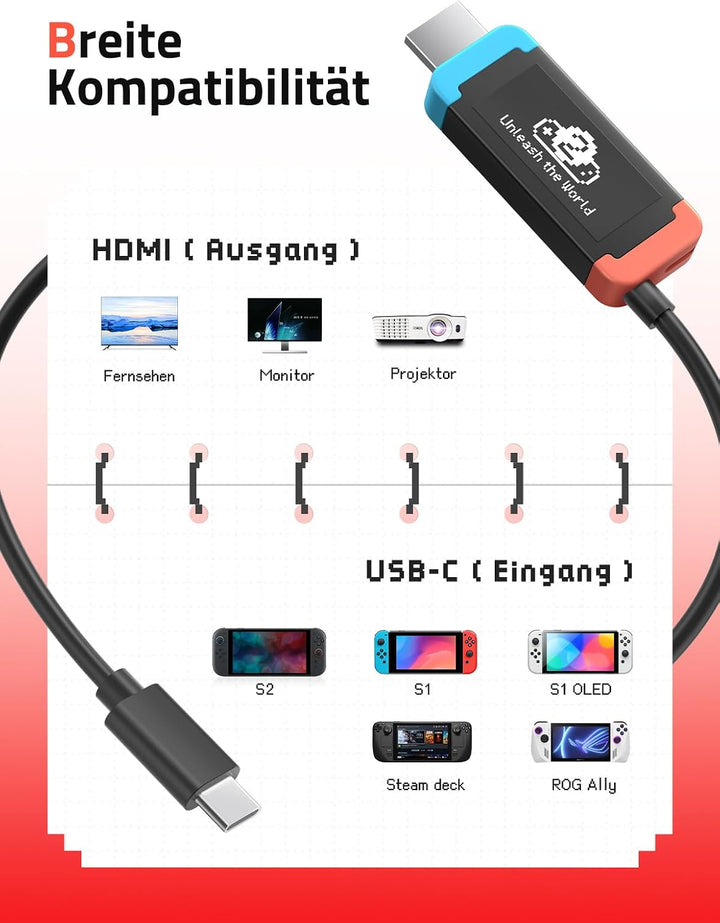 Lemorele USB-C auf HDMI Adapterkabel 1m, kompatibel mit Switch 2, 4K@60Hz, 1m