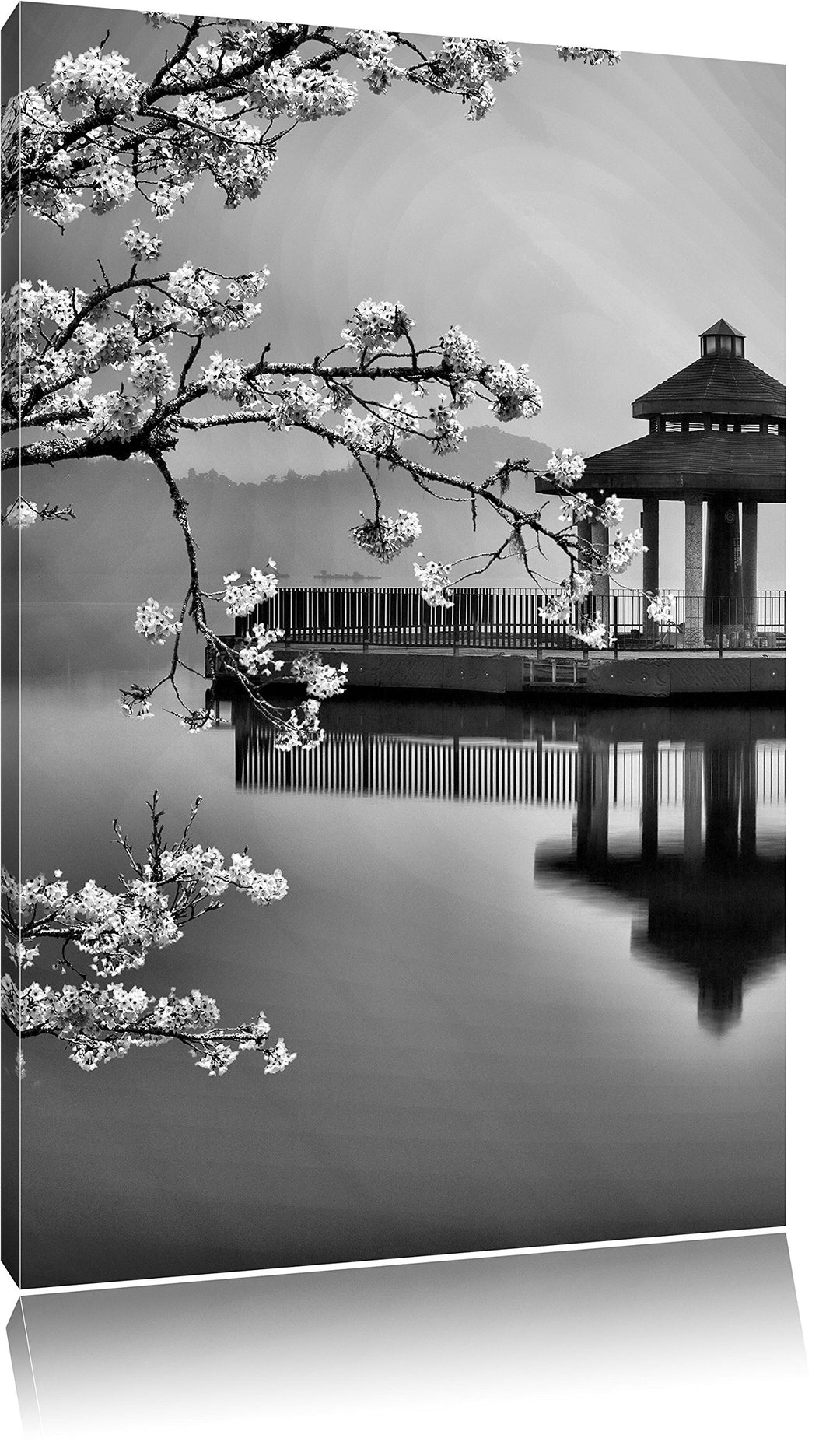 Pixxprint Monocrome, Kirschbaum am Japanischem See, Format: 100x70 auf Leinwand, 100x70