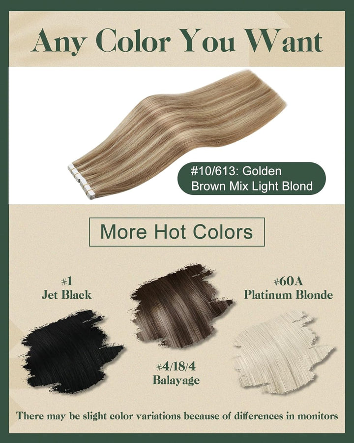Ugeat Tape Extensions Echthaar Blond Haarverlängerung Echthaar Goldbraun mit Platinblond Invisible T