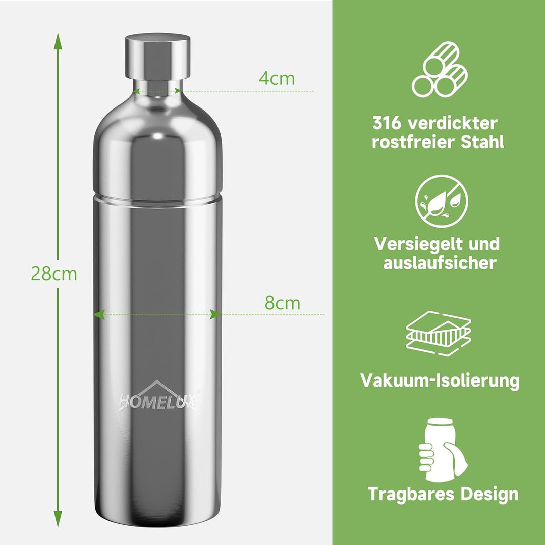 HOMELUX 1L Edelstahl Flasche, Kompatibel mit Philips und anderen Wassersprudler, Spülmschinenfeste T