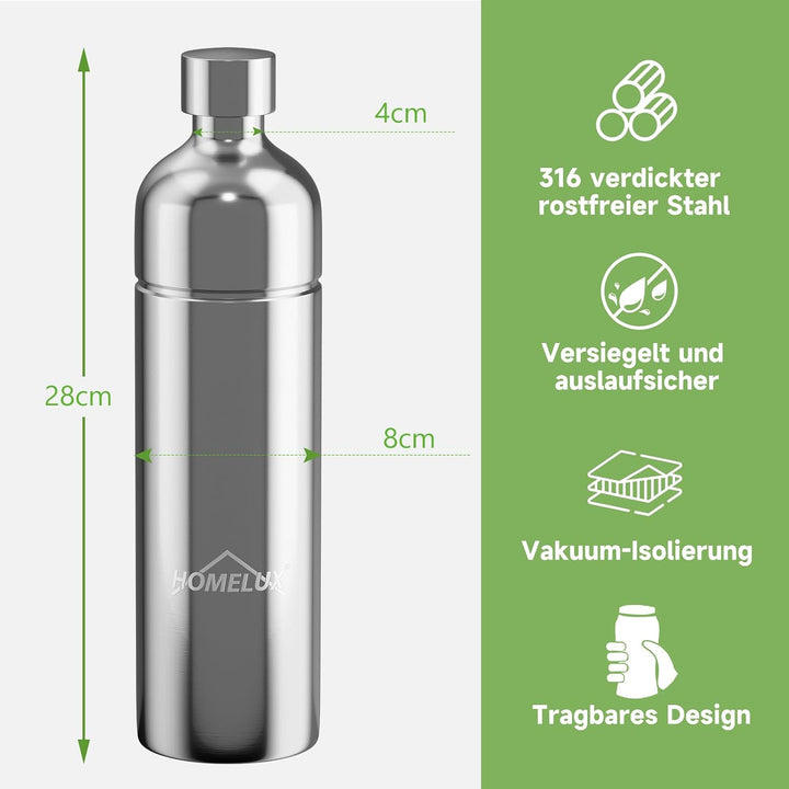HOMELUX 1L Edelstahl Flasche, Kompatibel mit Philips und anderen Wassersprudler, Spülmschinenfeste T