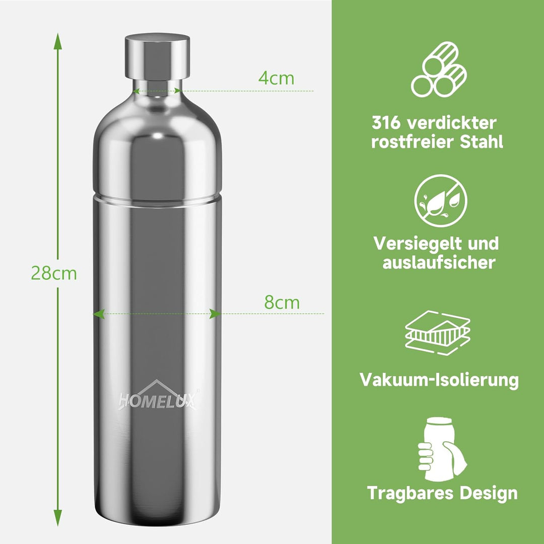 HOMELUX 1L Edelstahl Flasche, Kompatibel mit Wassersprudler, Spülmschinenfeste Trinkflasche Edelstah