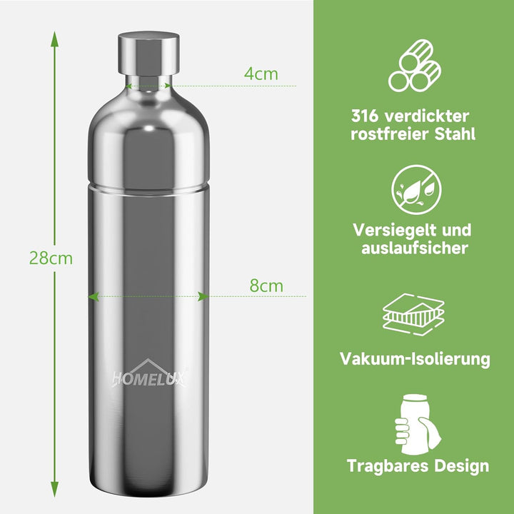 HOMELUX 1L Edelstahl Flasche, Kompatibel mit Wassersprudler, Spülmschinenfeste Trinkflasche Edelstah