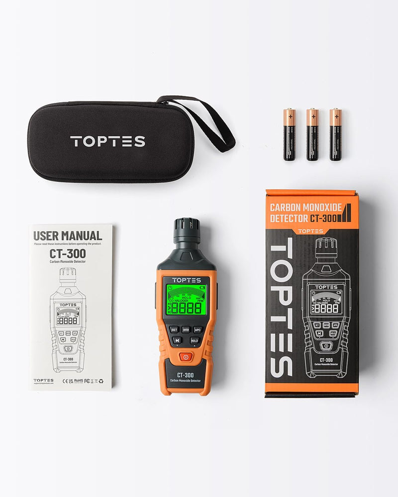 TopTes CT-300 Tragbarer CO-Detektor, CO-Detektor mit akustischem und optischem Alarm, 0-5000PPM, hin